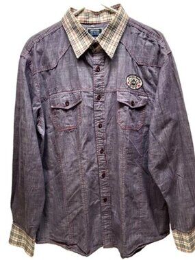 City Ink Y2K Button Down Shirt Men's XL Denim Plaid Multi Casual Long Sleeve EUC